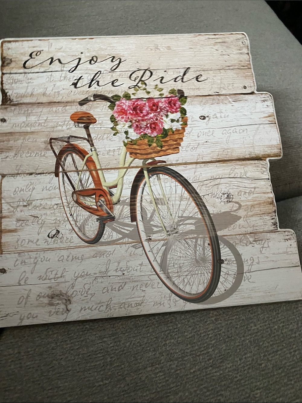 Enjoy the Ride Bicycle Wall Art - Pink Floral Basket on Rustic White
